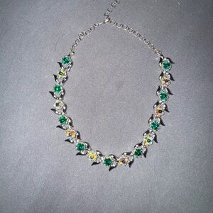 BSK Silver Necklace with Green and Yellow Crystal Accents AND signed bracelet